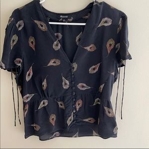 Madewell Blue Feather Print Button front flutter sleeve top